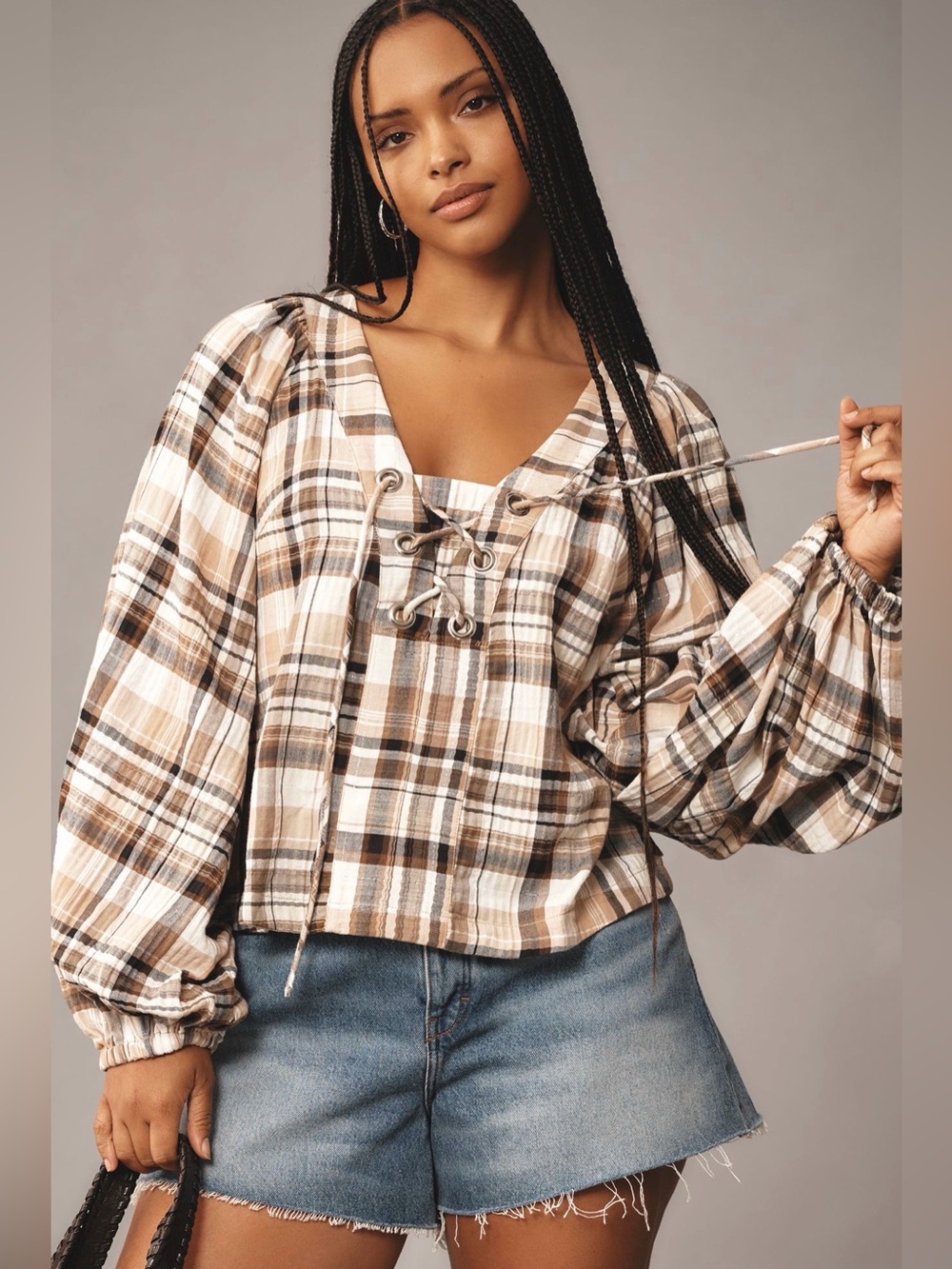 ANTHROPOLOGIE Long-Sleeve Lace-up Dolman Blouse Neutral Pattern Plaid S